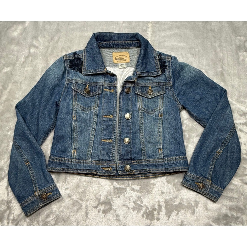 Roebuck & Co Kids Denim Jacket Medium Wash Floral Embroidery Blue Size 7/8